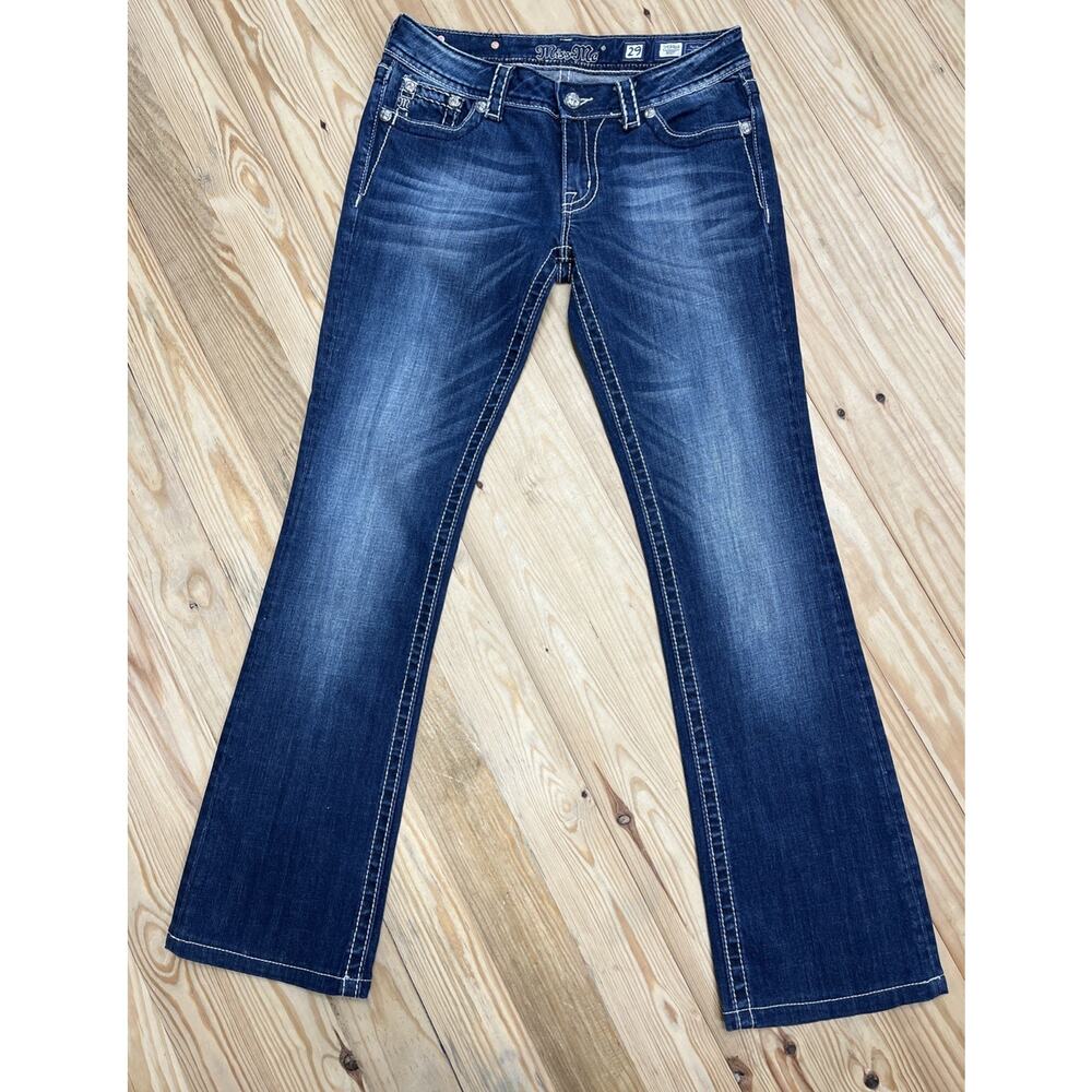 Miss Me Jeans Women Size 29 Mid Rise Boot Cut Thick Stitch Jeweled Distressed